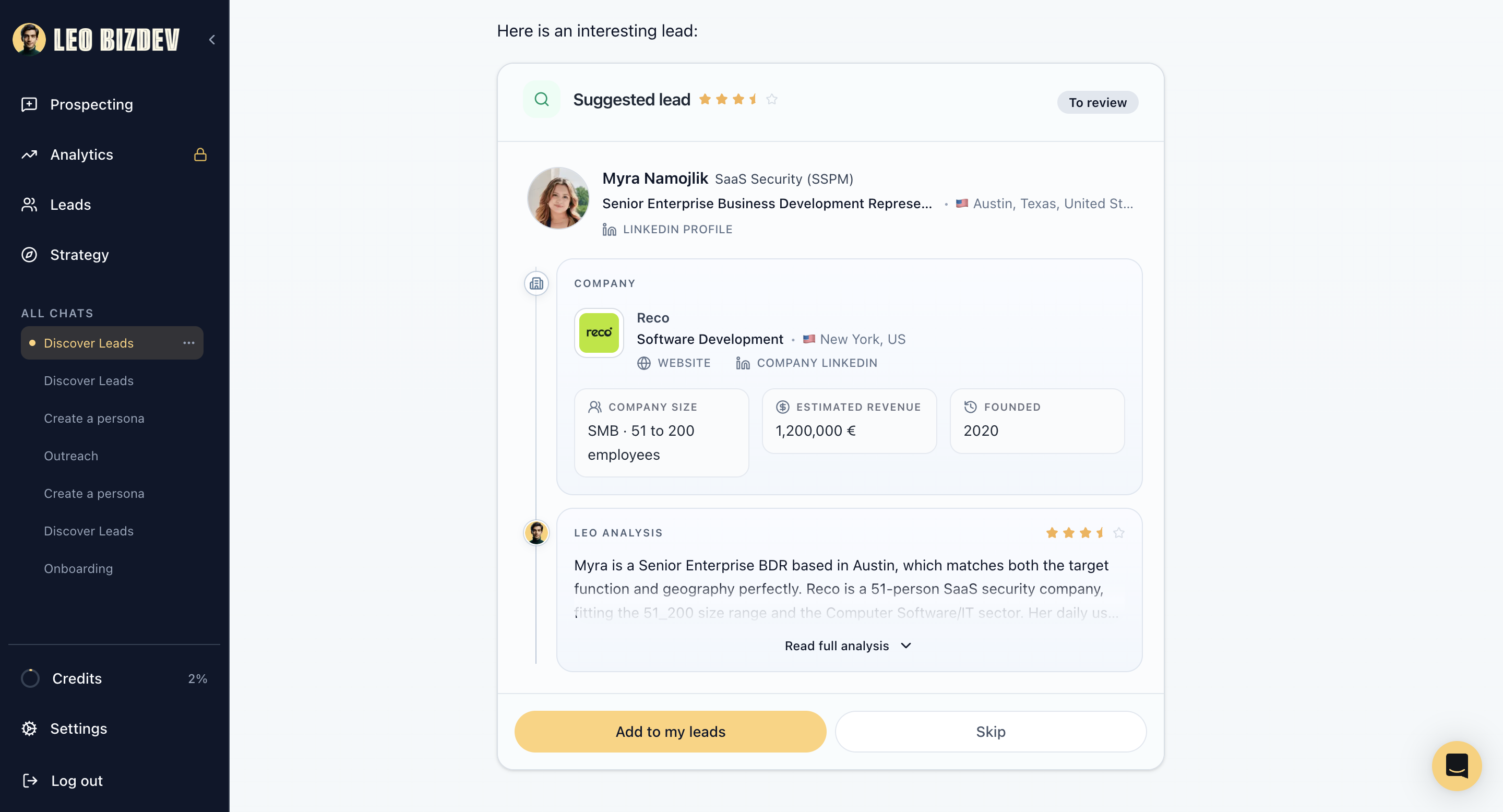 LEO screenshot showing a suggested lead, their company and the qualification analysis.