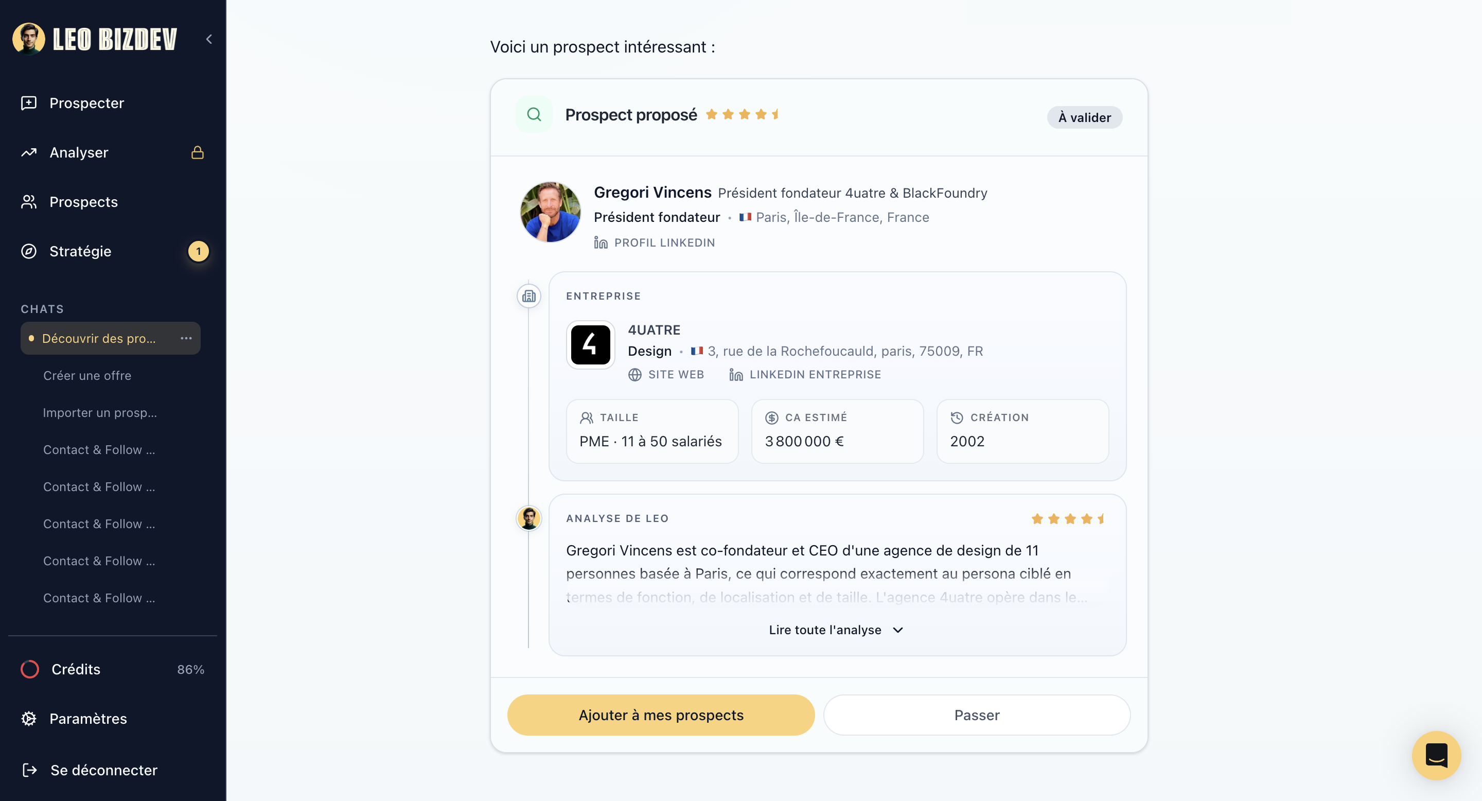 Capture de LEO présentant un prospect, son entreprise et son analyse de qualification.