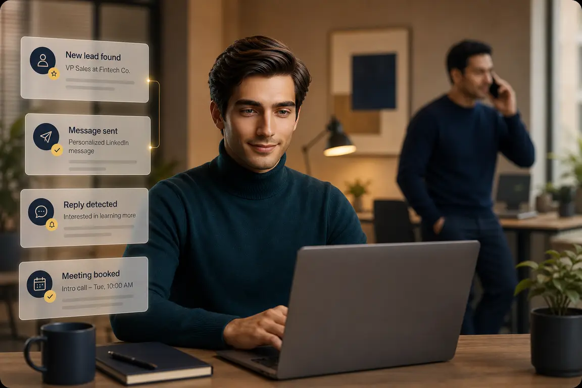 LEO running prospecting while a user takes a sales call in the background