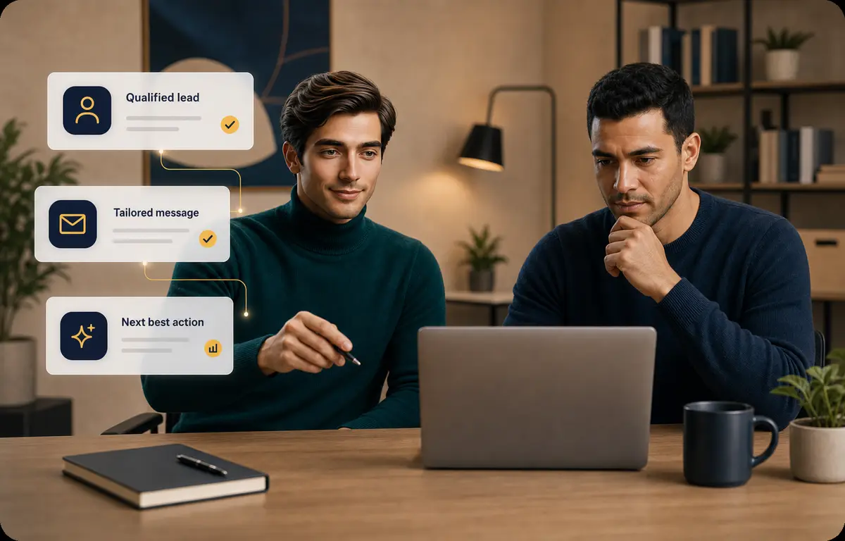 LEO and a user collaborating on prospecting at a laptop