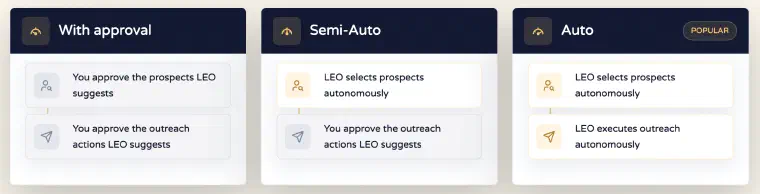 LEO&rsquo;s three delegation levels: with approval (you approve both the prospects and the outreach actions), Semi-Auto (LEO selects prospects autonomously, you approve the outreach), and Auto (LEO selects and executes outreach autonomously)