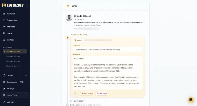 LEO composing a cold email from an enriched prospect record: subject line and message built from the person’s role and their company’s context