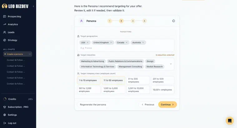Conversational onboarding screen where a B2B service founder defines their offer and target persona