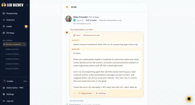 LEO generating a personalized outreach message based on a prospect&rsquo;s role and company context