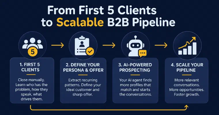 From the first five clients to a scalable B2B pipeline: close manually, define persona and offer, prospect with AI, scale