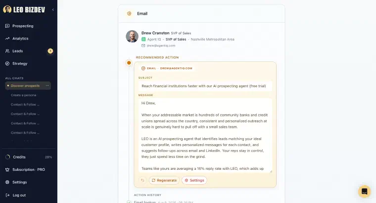 LEO recommending an email to a prospect, subject and message ready to review or send