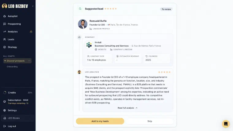LEO prospect card: a suggested lead scored 5 out of 5, with LEO’s written analysis of how the role, location, company size and industry match the persona