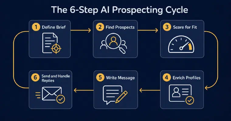Illustrative six-step prospecting cycle: define a brief, find and score prospects, enrich available context, write a message, then send and handle replies