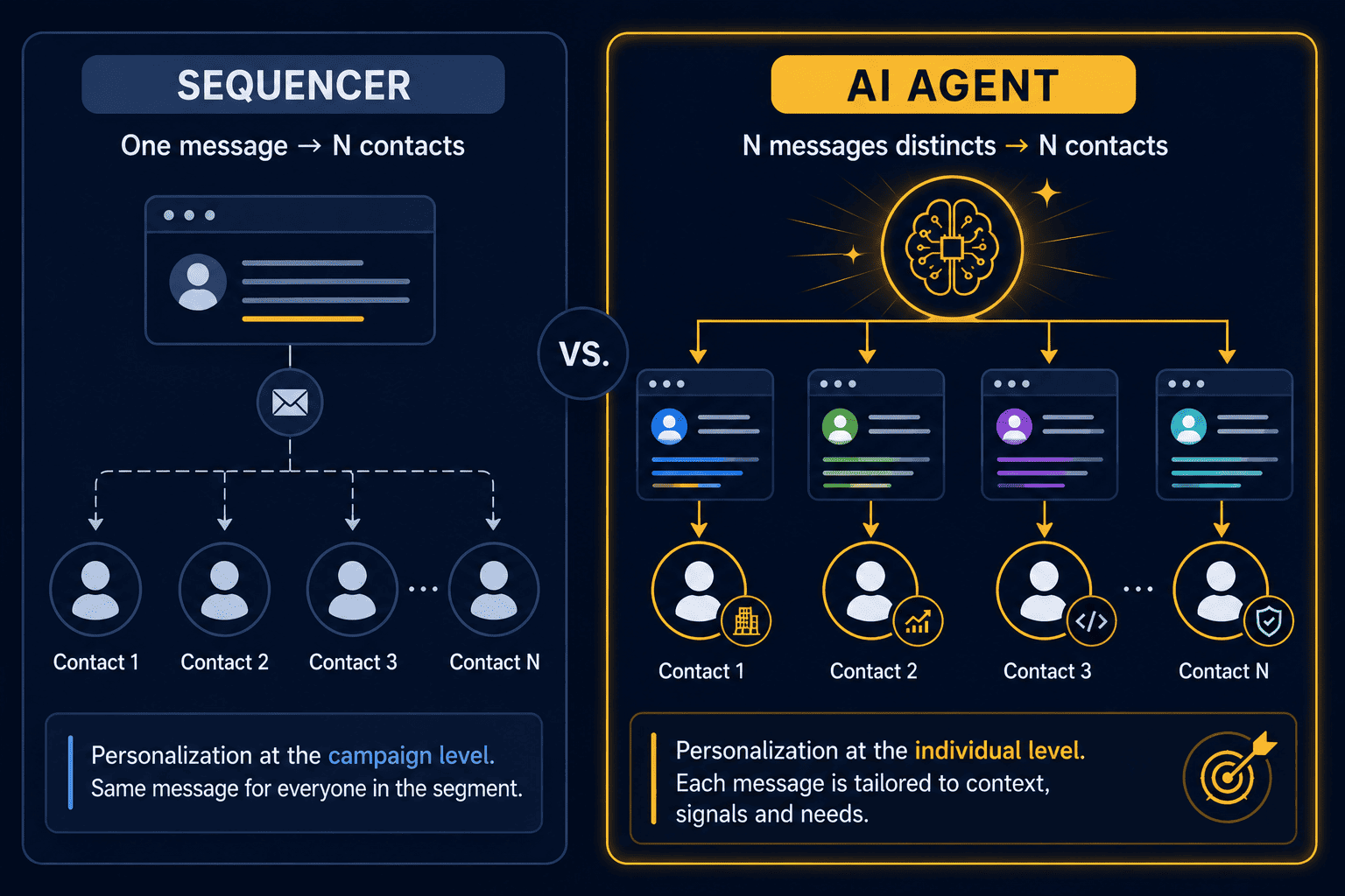 Campaign-level targeting (sequencer, one message per segment) vs individual-level reasoning (AI agent, one response per person)