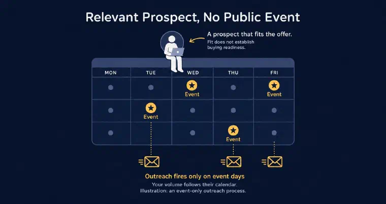Illustrative calendar of outreach waiting for a public event despite an offer-fit prospect; fit does not establish buying readiness