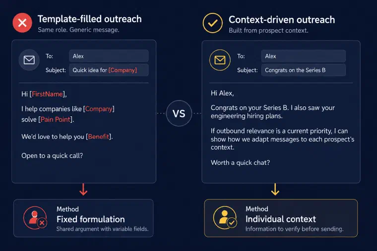 Fictional message examples comparing a fixed formulation with individual context that still needs checking