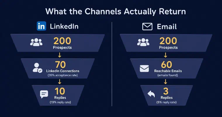 Two funnels from the same 200 prospects: on LinkedIn, 70 connections at a 35 percent acceptance rate then 10 replies at 15 percent; by email, 60 reachable addresses then 3 replies at 5 percent