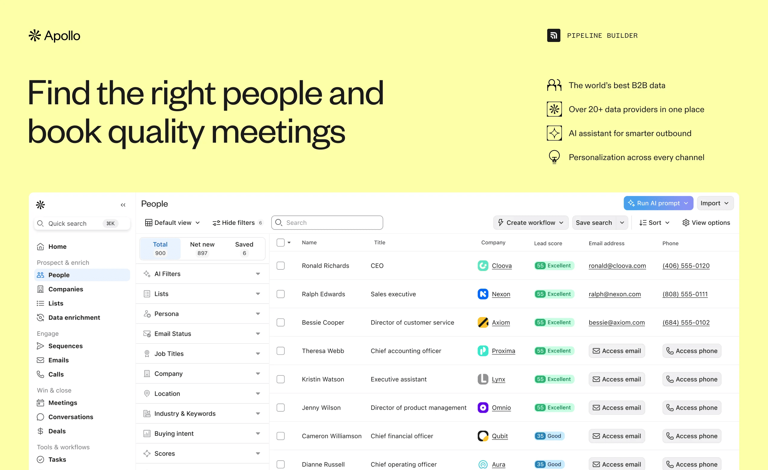 Apollo.io platform overview : contact search interface with filters, sequence builder, and analytics dashboard