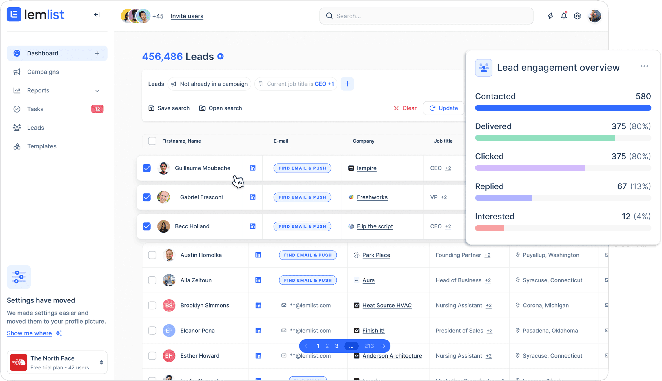 Lemlist lead database : 456K contacts with campaign engagement metrics showing 80% delivery rate, 13% reply rate, and 4% interested