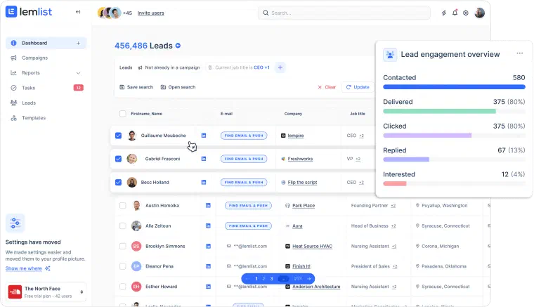 Lemlist lead database : 456K contacts with campaign engagement metrics showing 80% delivery rate, 13% reply rate, and 4% interested
