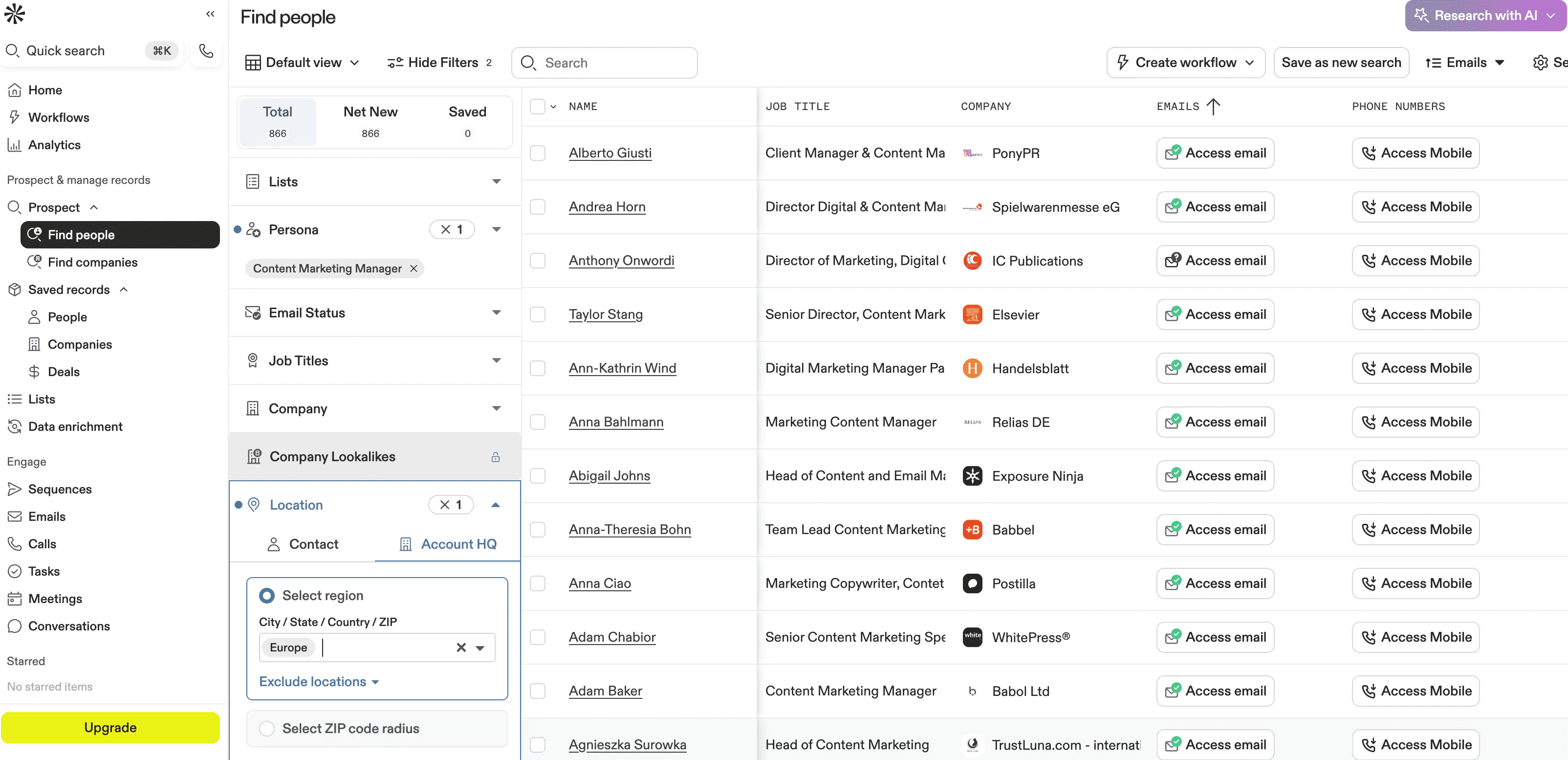 Apollo dashboard showing sequences, filters, credits, and CRM sync tabs requiring operator management