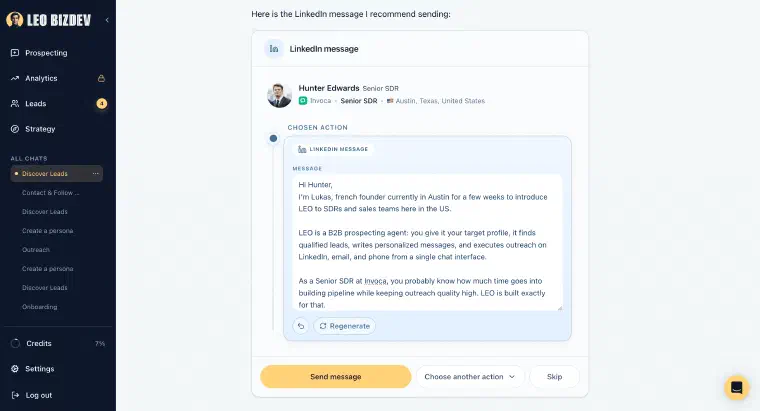 LEO generating a LinkedIn message for a prospect