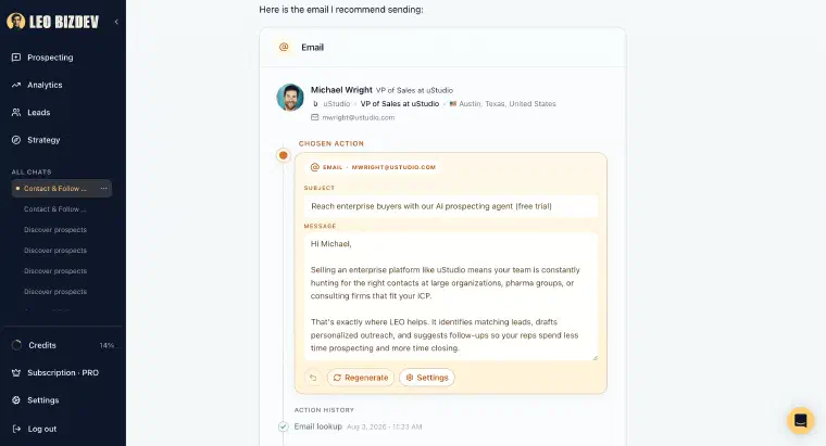 Email written by LEO for one specific prospect, with regenerate and settings controls