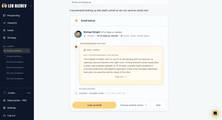 LEO recommends an email lookup as the next action, with the reasoning behind that choice