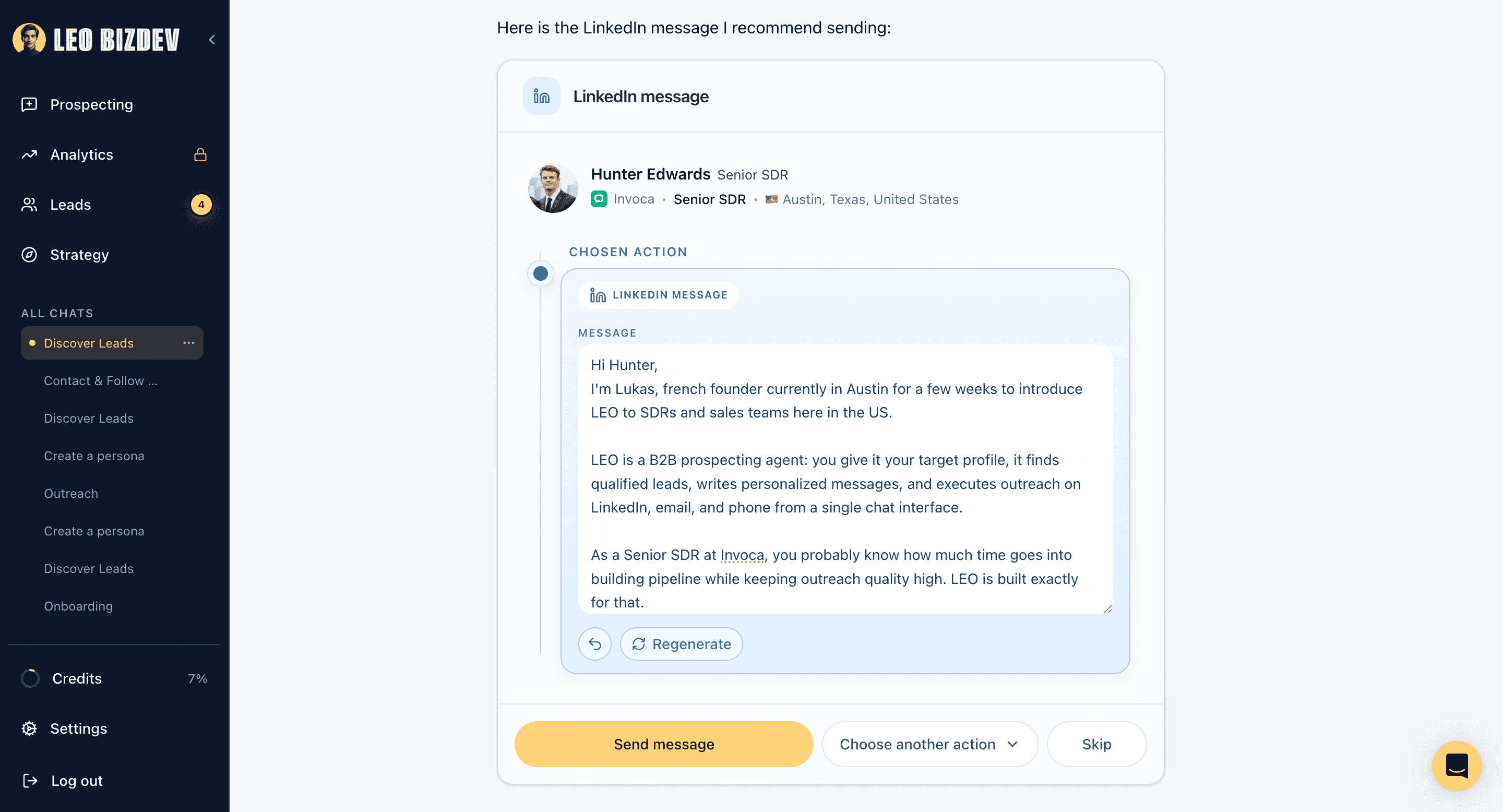 LEO chat showing business context input leading to a scored lead list with personalized messages per prospect