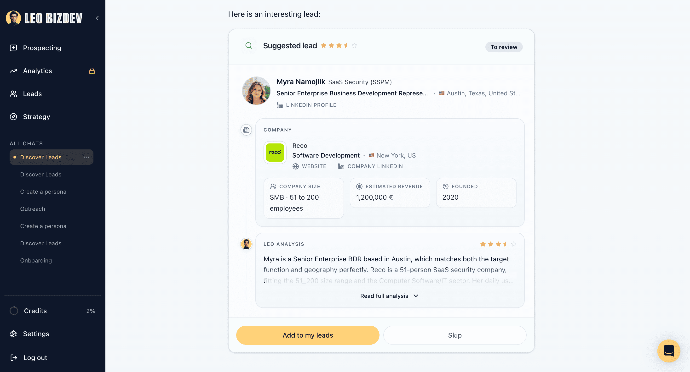LEO conversation interface : lead suggestion with star rating, enriched contact card, and personalized message draft