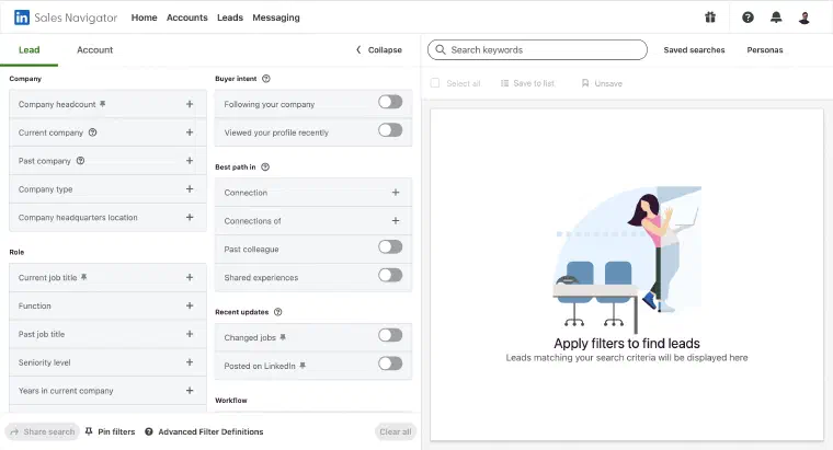 Sales Navigator lead search: advanced filter panel with company, role, and buyer intent filters, before any results load