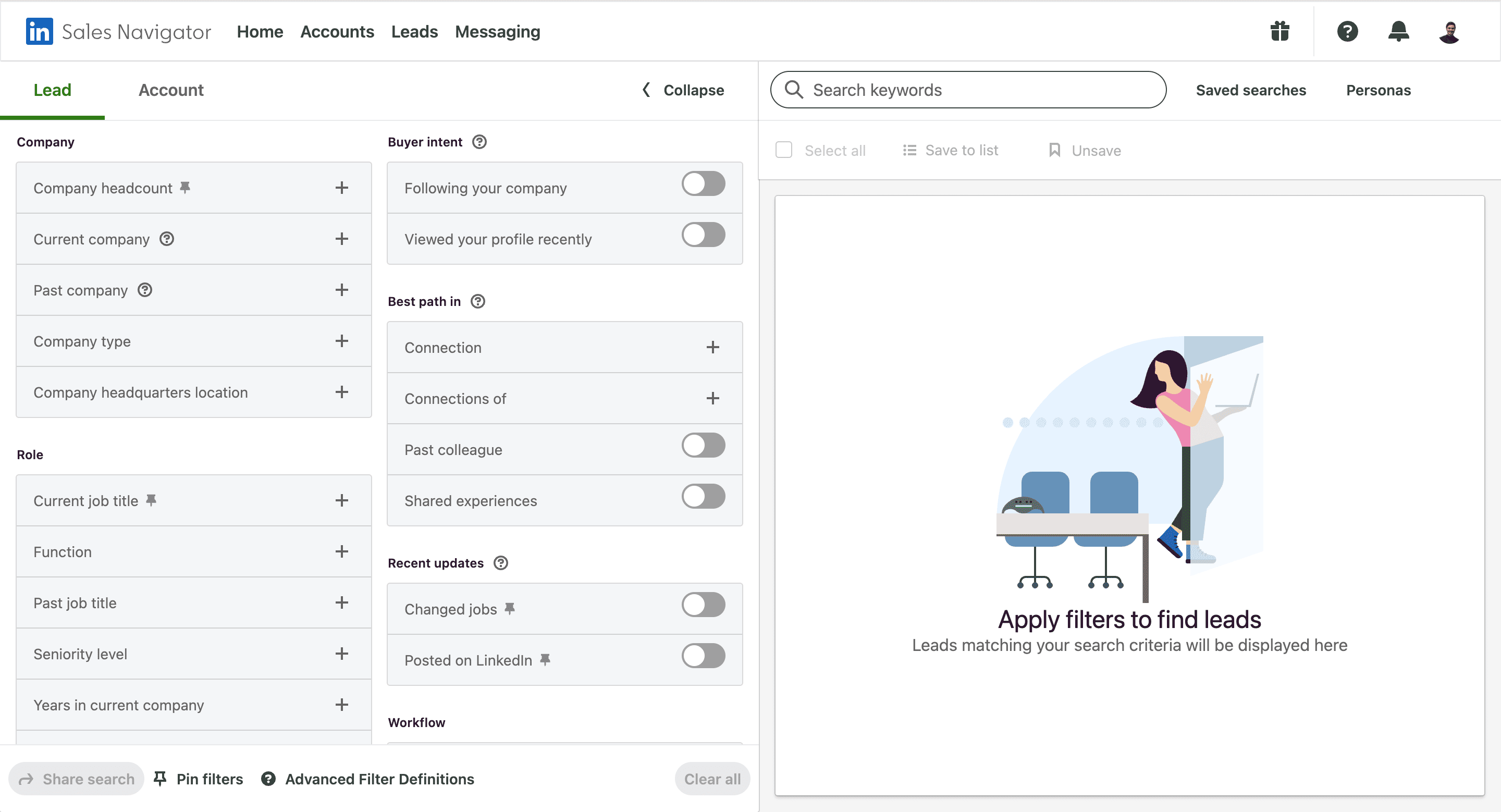 Sales Navigator advanced search filters and lead list management dashboard