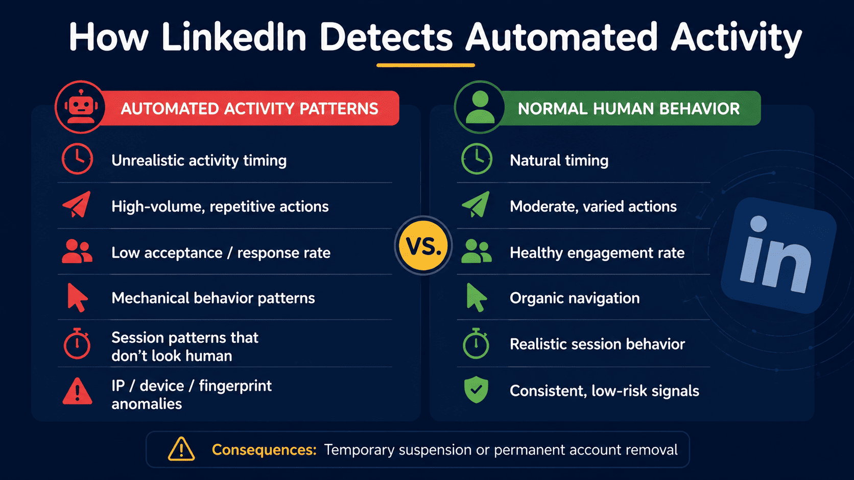 How LinkedIn detects automated activity : behavioral fingerprinting vs normal human usage