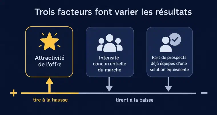 Trois facteurs externes font varier les résultats : l&rsquo;attractivité de l&rsquo;offre les tire à la hausse, l&rsquo;intensité concurrentielle du marché et la part de prospects déjà équipés d&rsquo;une solution équivalente les tirent à la baisse