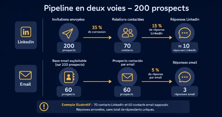 Exemple illustratif sur 200 prospects : 70 relations LinkedIn effectivement contactées donnent environ 10 réponses à 15 %, et 60 contacts email donnent 3 réponses à 5 %, sans décompte de répondants uniques
