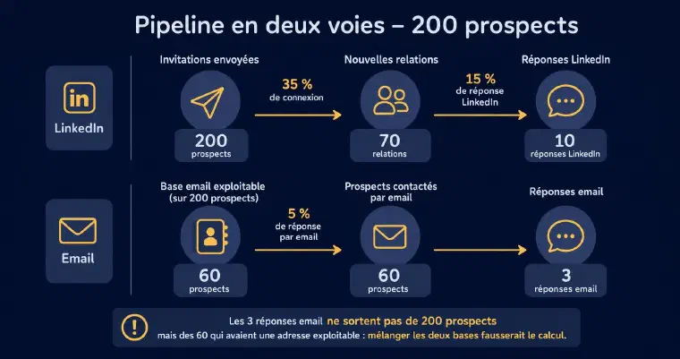 Pipeline en deux voies sur 200 prospects : côté LinkedIn, 200 invitations donnent 70 relations à 35 % de connexion puis 10 réponses à 15 % ; côté email, 60 prospects ont une adresse exploitable et donnent 3 réponses à 5 %
