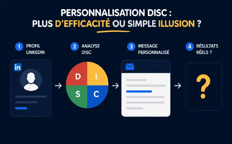 Schéma en quatre étapes : profil LinkedIn, analyse DISC via une roue à quatre quadrants D/I/S/C, message personnalisé, et résultats réels laissés en question