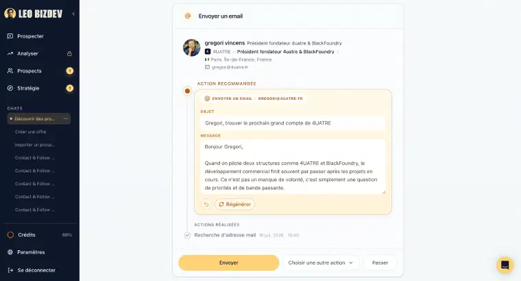 LEO propose un email construit sur le contexte métier du prospect, à valider avant envoi