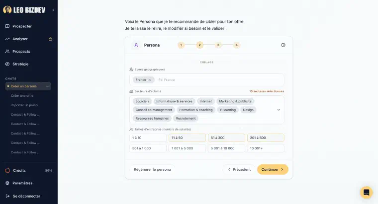 LEO aide à construire le persona sur lequel rechercher des prospects qui matchent