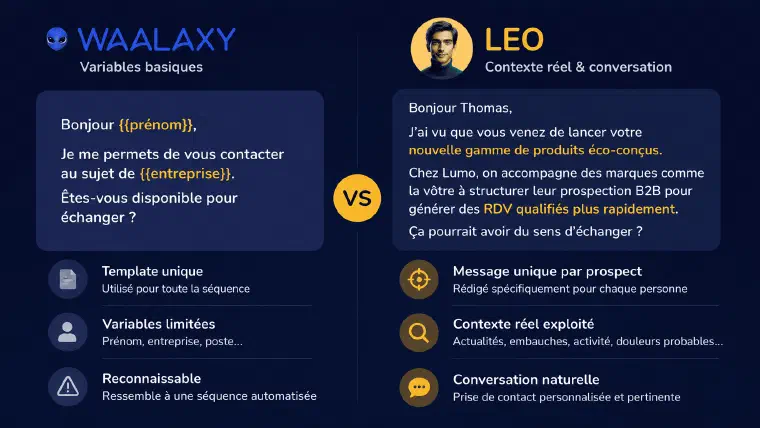 comparaison entre message avec variables basiques et message personnalisé par agent IA