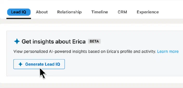 Résumé IA Lead IQ d&rsquo;un prospect dans LinkedIn Sales Navigator : historique de carrière, activité LinkedIn récente, centres d&rsquo;intérêt et points communs avec le commercial