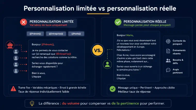 Comparaison entre un message avec variables de personnalisation basiques et un message personnalisé sur signal réel du prospect