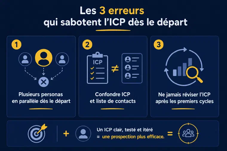 Les trois erreurs qui sabotent l&rsquo;ICP : plusieurs personas en parallèle, confondre ICP et liste de contacts, ne jamais réviser l&rsquo;ICP
