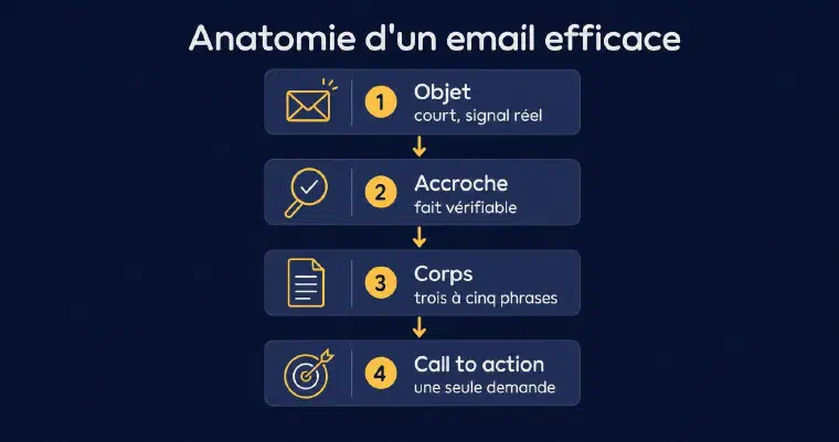 Anatomie d’un email efficace en quatre étapes : objet court, accroche sur signal réel, corps de trois à cinq phrases, un seul call to action