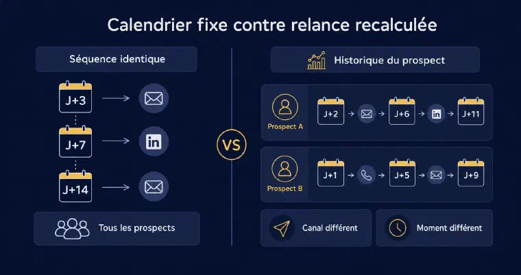 Comparaison entre un calendrier de relance fixe identique pour tous les prospects et une relance recalculée pour chaque prospect selon son historique
