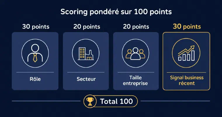 Grille de scoring pondérée sur 100 points : rôle 30, secteur 20, taille d&rsquo;entreprise 20, signal business récent 30